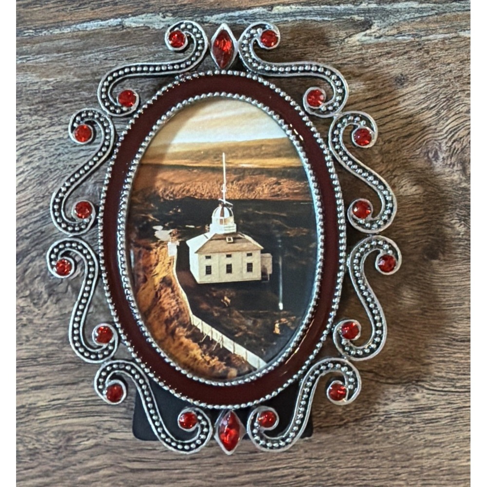 Vtg Picture Frame Small Oval Shaped Metal Tabletop Ornate With Red Jewels‎